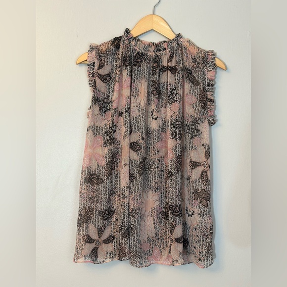 Olivaceous Tops - Floral Ruffle Sleeveless Blouse - Pink/Black Sheer Y2K Size Small